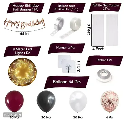 Premium Quality 72 Happy Birthday Decoration Kit With Metallic Balloons - Maroon And Black Decorations - Diy Combo Kit - Net Curtains - Balloon Arch Strip - Led String Light For Girls, Wife, Women, Husband-thumb2