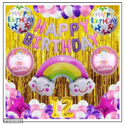 MEEZONE 12 Gold Balloons with Rainbow Theme Birthday Decoration Items or Kit Multicolor-thumb3