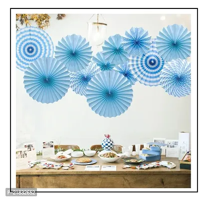 MEEZONE 12pc Hanging Paper Fans Decorations Round Pattern Paper Garlands Green Paper Fan Decoration for Birthday Wedding Graduation Events Accessories, Set of 12 (Blue)