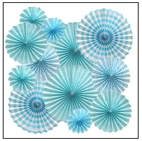 MEEZONE 12pc Hanging Paper Fans Decorations Round Pattern Paper Garlands Green Paper Fan Decoration for Birthday Wedding Graduation Events Accessories, Set of 12 (Blue)-thumb2