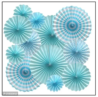 MEEZONE 12pc Hanging Paper Fans Decorations Round Pattern Paper Garlands Green Paper Fan Decoration for Birthday Wedding Graduation Events Accessories, Set of 12 (Blue)-thumb3