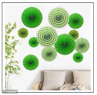 MEEZONE 12pc Hanging Paper Fans Decorations Round Pattern Paper Garlands Green Paper Fan Decoration for Birthday Wedding Graduation Events Accessories, Set of 12 (Green)
