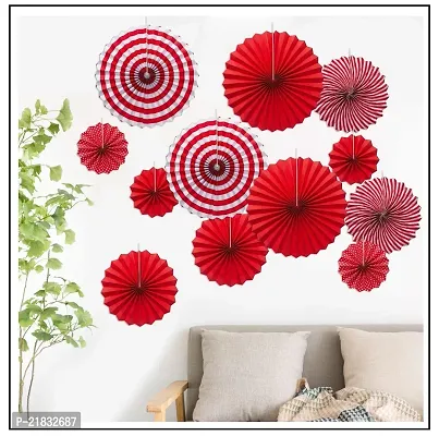 MEEZONE 12pc Hanging Paper Fans Decorations Round Pattern Paper Garlands Green Paper Fan Decoration for Birthday Wedding Graduation Events Accessories, Set of 12 (RED)