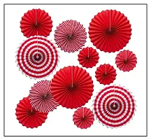 MEEZONE 12pc Hanging Paper Fans Decorations Round Pattern Paper Garlands Green Paper Fan Decoration for Birthday Wedding Graduation Events Accessories, Set of 12 (RED)-thumb1