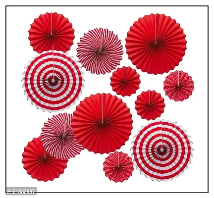 MEEZONE 12pc Hanging Paper Fans Decorations Round Pattern Paper Garlands Green Paper Fan Decoration for Birthday Wedding Graduation Events Accessories, Set of 12 (RED)-thumb2