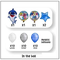 MEEZONE 35 Pcs Theme Birthday For Girls, Boys, Kids - 1 Blue Shark Foil Balloon,2 Blue Star, 2 Printed Fish Faces Round Balloons,10 White  10 Silver Metallic Balloons-thumb1