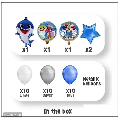 MEEZONE 35 Pcs Theme Birthday For Girls, Boys, Kids - 1 Blue Shark Foil Balloon,2 Blue Star, 2 Printed Fish Faces Round Balloons,10 White  10 Silver Metallic Balloons-thumb2