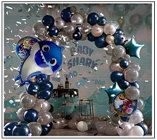 MEEZONE 35 Pcs Theme Birthday For Girls, Boys, Kids - 1 Blue Shark Foil Balloon,2 Blue Star, 2 Printed Fish Faces Round Balloons,10 White  10 Silver Metallic Balloons-thumb2