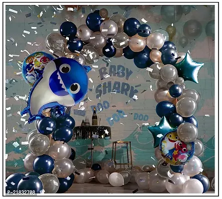 MEEZONE 35 Pcs Theme Birthday For Girls, Boys, Kids - 1 Blue Shark Foil Balloon,2 Blue Star, 2 Printed Fish Faces Round Balloons,10 White  10 Silver Metallic Balloons-thumb3