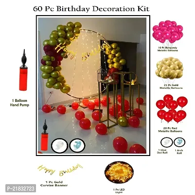 MEEZONE 60 Pc Birthday Decoration Kitndash;Burgundy Red and Gold Balloons with Cursive Birthday LED Fairy Light with Glue Dot Arch Roll and Balloon Hand Pump for Boy girls Kids Birthday Decoration Item(Red