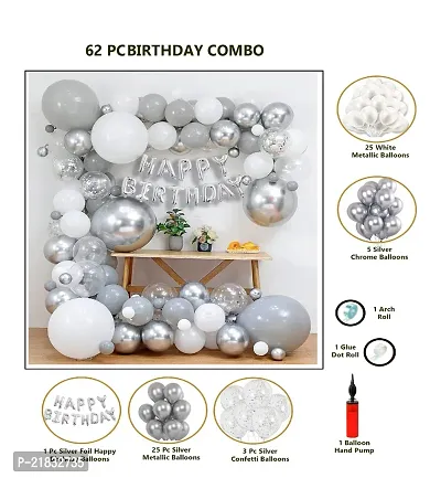 MEEZONE 62 Pc Birthday Decoration Kitndash; Silver and White Balloons Combo with Birthday Banner, Arc, Glue Dot for girls Kids Baby Birthday Decoration Items