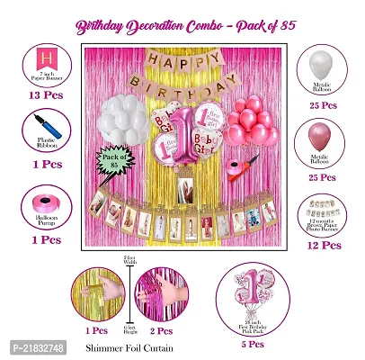 MEEZONE balloons Baby girl first 1st happy birthday room wall Foil party decorations combo kit pack pink color theme (Set of 85)