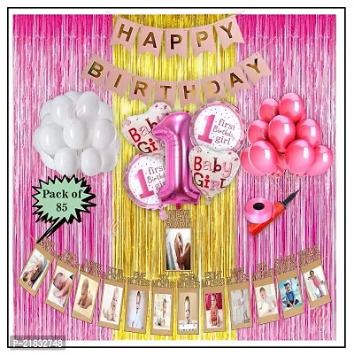 MEEZONE balloons Baby girl first 1st happy birthday room wall Foil party decorations combo kit pack pink color theme (Set of 85)-thumb2