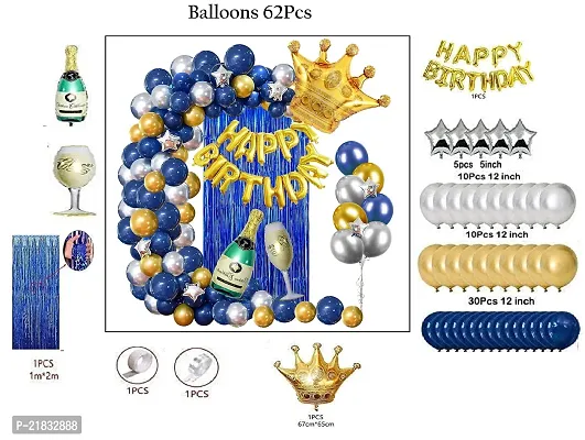 MEEZONE Birthday Decorations Silver Blue and Gold Balloons 62Pcs for Adult With Happy Birthday Banner Crown Champagne Balloons for 18th 21st 30th 40th 50th 60th 70th Decor