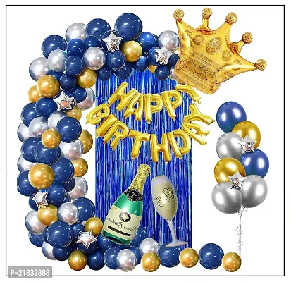 MEEZONE Birthday Decorations Silver Blue and Gold Balloons 62Pcs for Adult With Happy Birthday Banner Crown Champagne Balloons for 18th 21st 30th 40th 50th 60th 70th Decor-thumb2