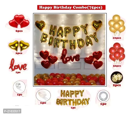 MEEZONE Red and Golden Happy Birthday Decoration Set 75Pcs Fairy Led Light Happy Birthday Foil Balloon Red Golden Heart and Metallic Balloons Arch Glue Dot Combo