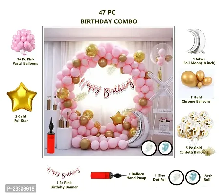 47 Pc Birthday Decoration Kit ndash; Pink and Gold Chrome Balloons with Banner, Arc, Glue Dot for 1st, 5Th,25th Party Room Decoration Combo SetBirthday