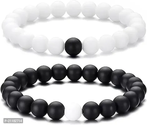 2 Pcs Couple Distance Relationship 8 mm bead Bracelets for men Women Stretch Bracelets Black Matte Agate  White Howlite Energy Beads Stone Lovers Touch-thumb0