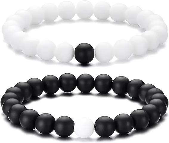 2 Pcs Couple Distance Relationship 8 mm bead Bracelets for men Women Stretch Bracelets Black Matte Agate  White Howlite Energy Beads Stone Lovers Touch