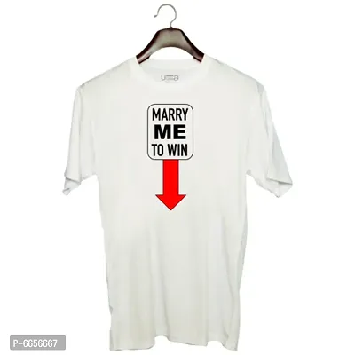 UDNAG Unisex Round Neck Graphic Marry me to win this Polyester T-Shirt White