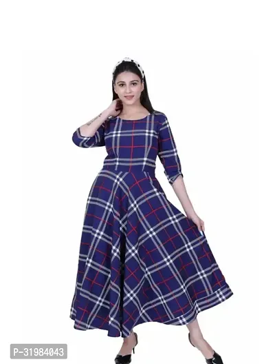 Stylish Check Pattern Blue Crepe Dress-thumb0