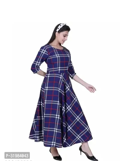 Stylish Check Pattern Blue Crepe Dress-thumb2