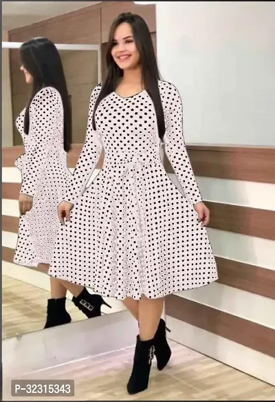 Stylish Crepe Polka Dot White Dress-thumb0