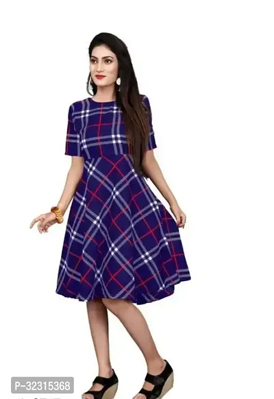 Stylish Check Pattern Blue Midi Dress-thumb0