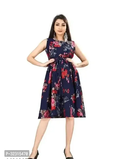 Stylish Floral Print Blue Crepe Midi Dress-thumb0