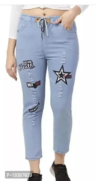 Stylish Blue Denim Printed Jeans For Women