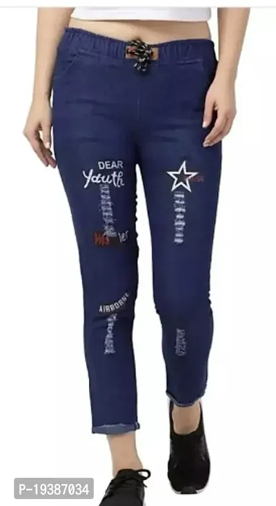 Stylish Navy Blue Denim Printed Jeans For Women