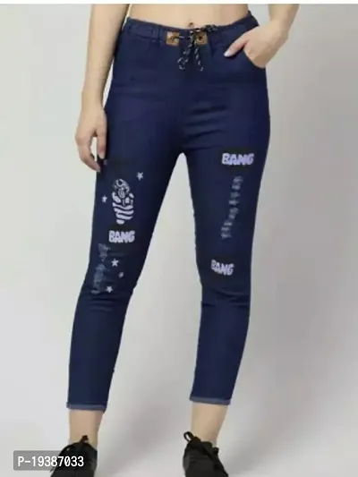 Stylish Navy Blue Denim Printed Jeans For Women