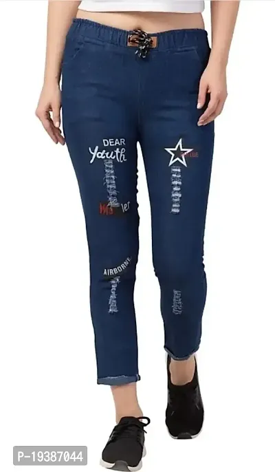 Stylish Navy Blue Denim Printed Jeans For Women-thumb0