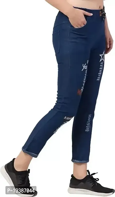Stylish Navy Blue Denim Printed Jeans For Women-thumb3