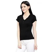 LE BOURGEOIS Women Solid Henley Neck Button Front Short Sleeve Regular Top-thumb2