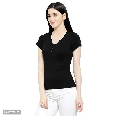 LE BOURGEOIS Women Solid Henley Neck Button Front Short Sleeve Regular Top-thumb3