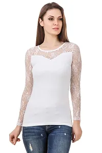 LE BOURGEOIS White Color Body with net Yoke Full Sleeve Round Neck top for Women-thumb2