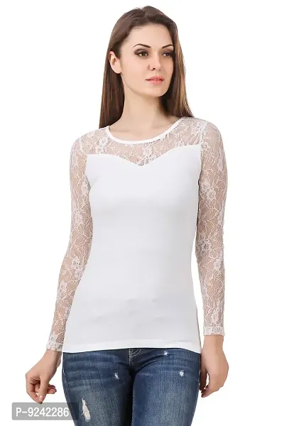 LE BOURGEOIS White Color Body with net Yoke Full Sleeve Round Neck top for Women-thumb3