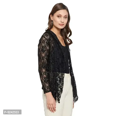 LE BOURGEOIS Women Black Front Open Floral Net Shrug-thumb4