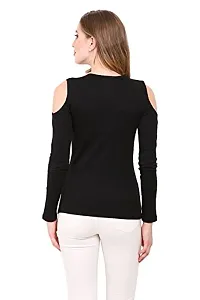 LE BOURGEOIS Women Slim Fit Solid Casual Cold Shoulder Round Neck Full Sleeve Cotton Top/T-Shirt-thumb2