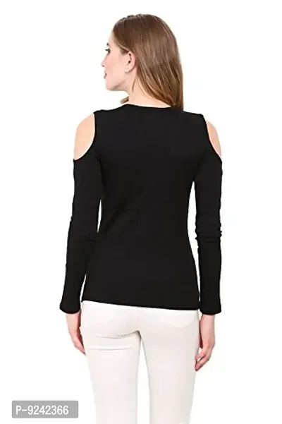 LE BOURGEOIS Women Slim Fit Solid Casual Cold Shoulder Round Neck Full Sleeve Cotton Top/T-Shirt-thumb3