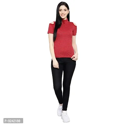 LE BOURGEOIS Women Stripe Cold Shoulder Highneck Top-thumb6