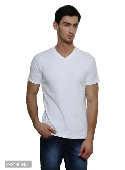 White V-Neck Half Sleeve Plain T-Shirt-thumb0