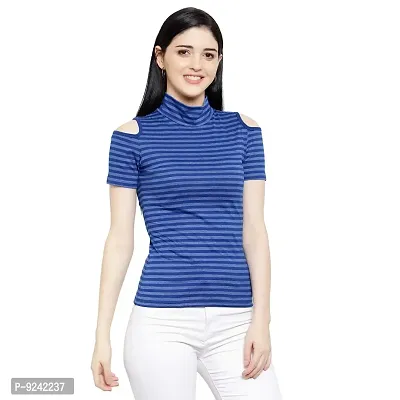 LE BOURGEOIS Women Stripe Cold Shoulder Highneck Top-thumb3