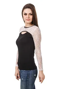 LE BOURGEOIS Women Cut-Out Net Yoke Full Sleeve Casual Slim Fit Cotton Top-thumb2