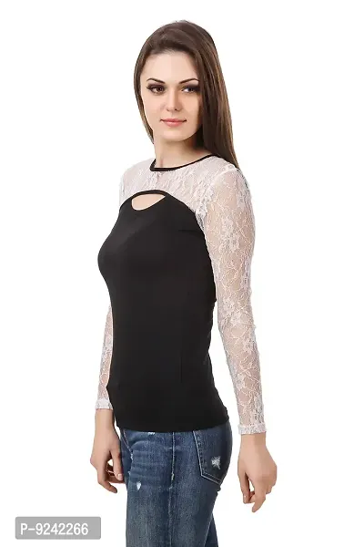 LE BOURGEOIS Women Cut-Out Net Yoke Full Sleeve Casual Slim Fit Cotton Top-thumb3