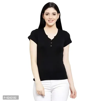 LE BOURGEOIS Women Solid Henley Neck Button Front Short Sleeve Regular Top