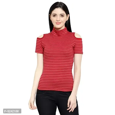 LE BOURGEOIS Women Stripe Cold Shoulder Highneck Top