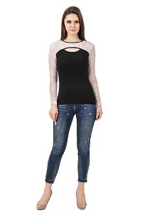 LE BOURGEOIS Women Cut-Out Net Yoke Full Sleeve Casual Slim Fit Cotton Top-thumb4