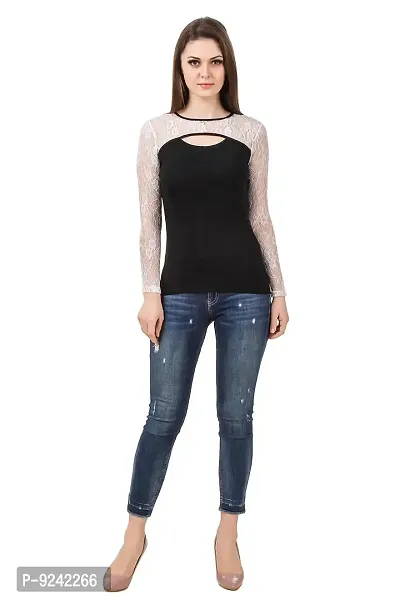 LE BOURGEOIS Women Cut-Out Net Yoke Full Sleeve Casual Slim Fit Cotton Top-thumb5